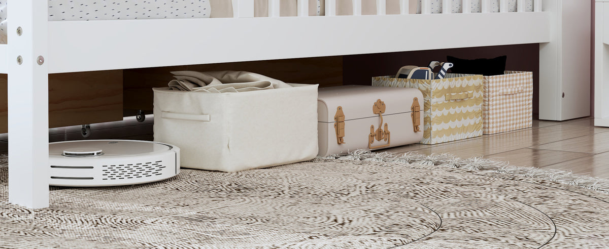 Twin Size Bed with Headboard Storage Rack, Two Under-Bed Drawers, Three-Side Guardrails for Safety and Security, White