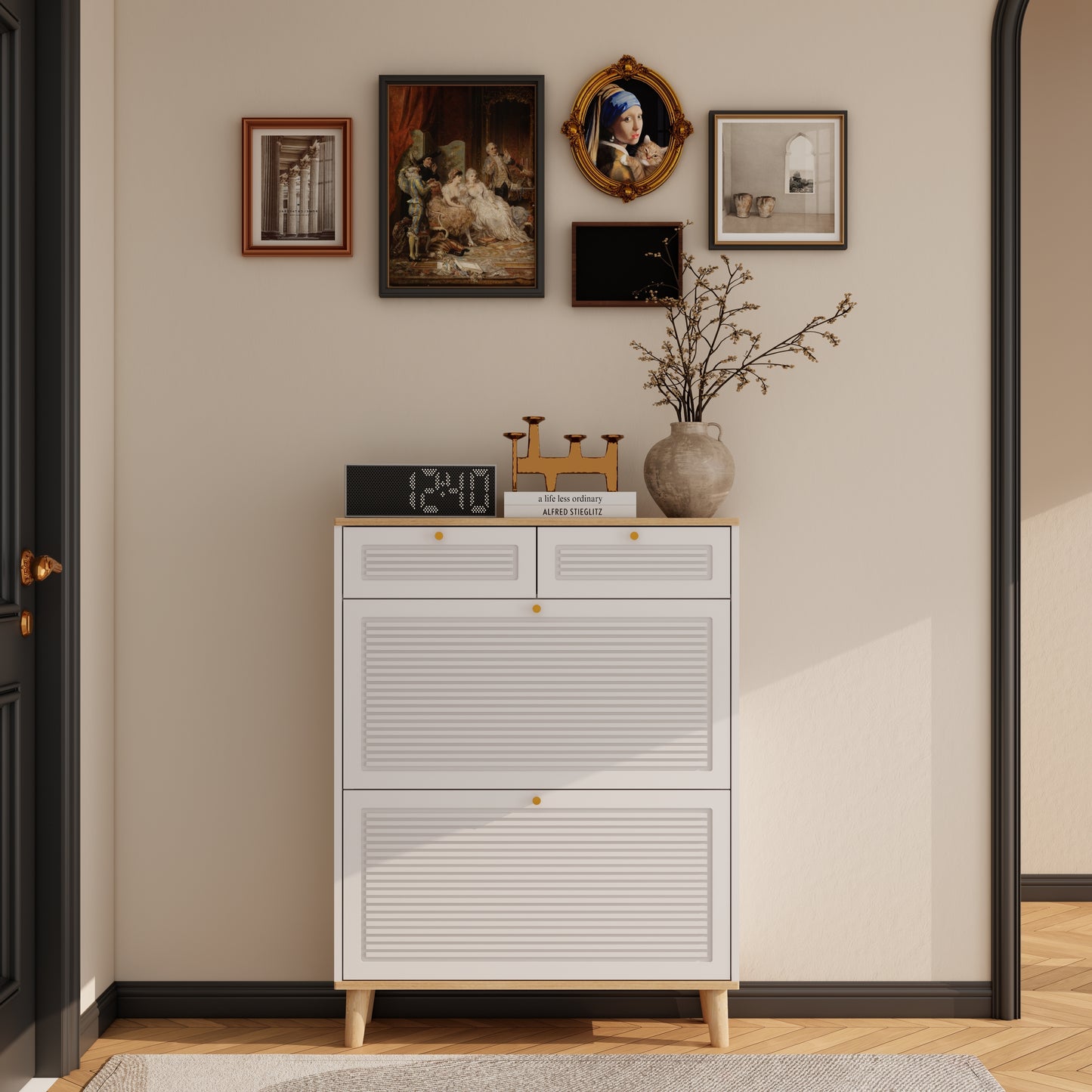 Shoe cabinet with 2 flip-up doors and 2 drawers,narrow shoe rack cabinet,freestanding shoe organizer,shoe organizer for entryway,with natural wood legs(white natural)
