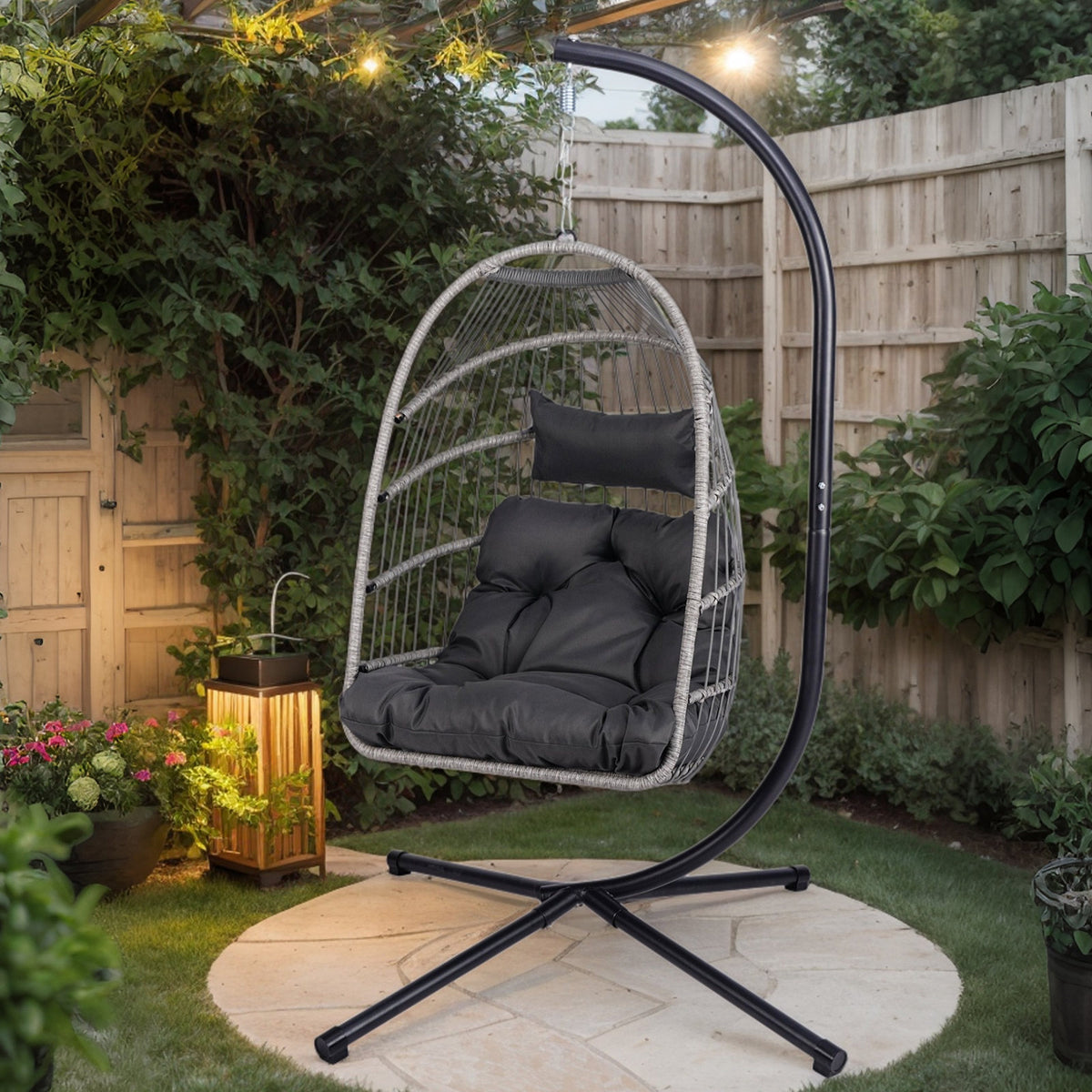 Foldable Hanging Egg Chair with Stand and Pillow, HDPE Rattan and Heavy Duty Aluminum-Steel Frame, Outdoor Patio Wicker Swing Egg Chair with Headrest and Cushioned, 350 Lbs Capacity (Gray)