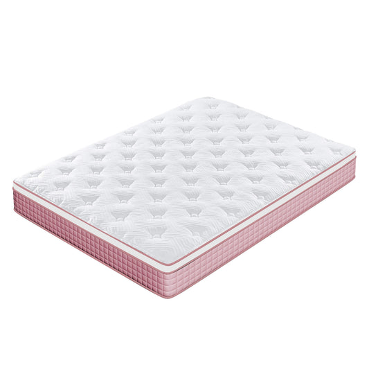 TWIN XL 12 Inch CertiPUR-US Pink Hybrid Mattress Individual Pocket Spring & Memory Foam Cool Knitted Cover Pink