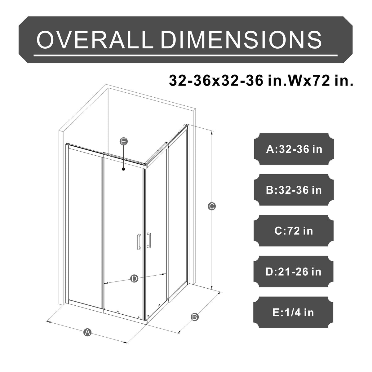 36" x 36" x 72" Corner Sliding Shower Door and Black Shower Base Combo Kit, Clear Tempered Glass, Matte Black Frame Dood & Reinforced Acrylic Base Set