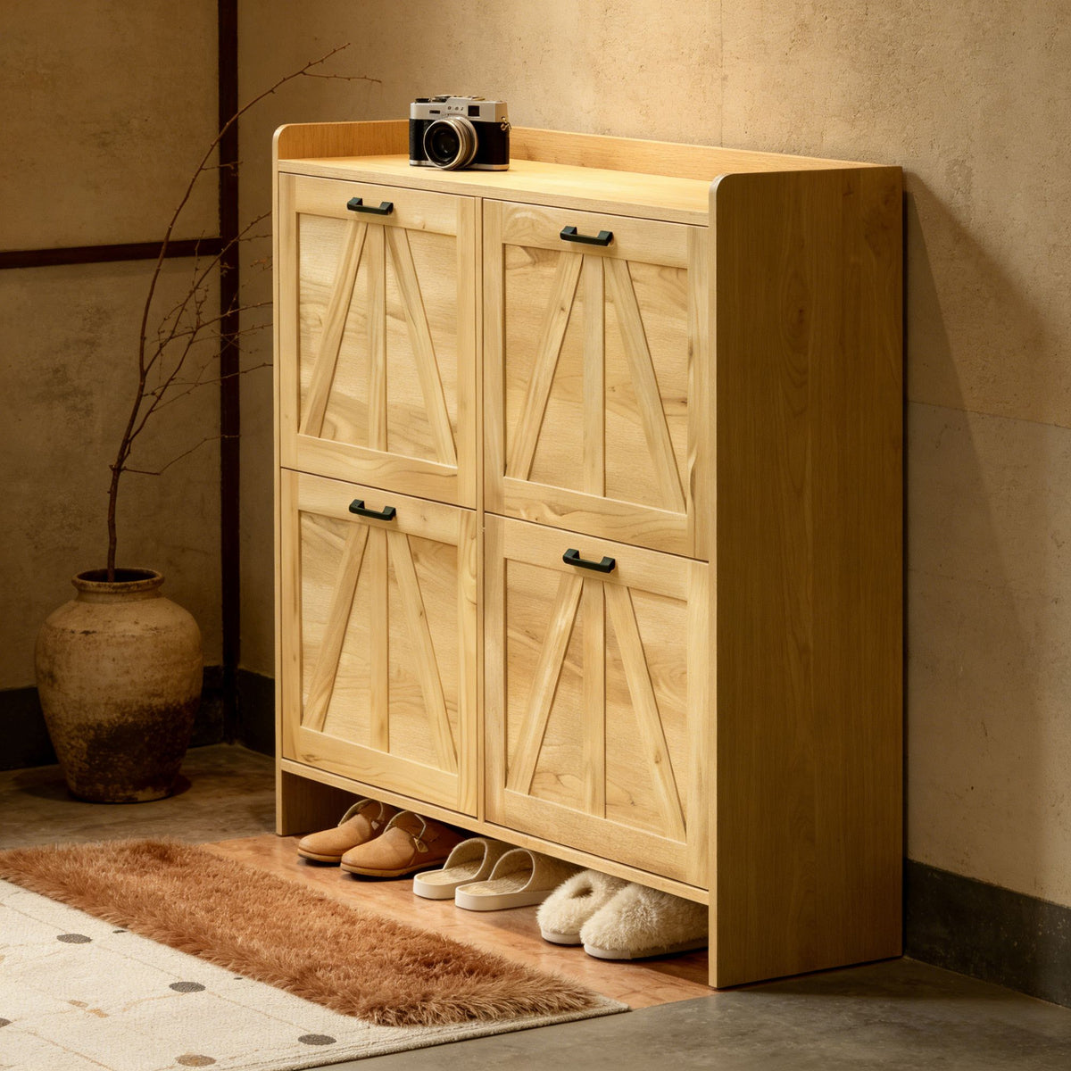 Light Oak Rustic Barn-Door Shoe Cabinet with 4 Flip Drawers, Sleek Space-Saving Entryway Organizer
