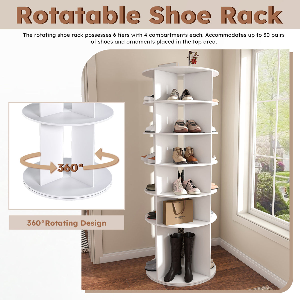 Rotating Shoe Rack Tower, 6-Tier Spinning Shoe Rack, Free Standing 360° Revolving Shoe Organizer