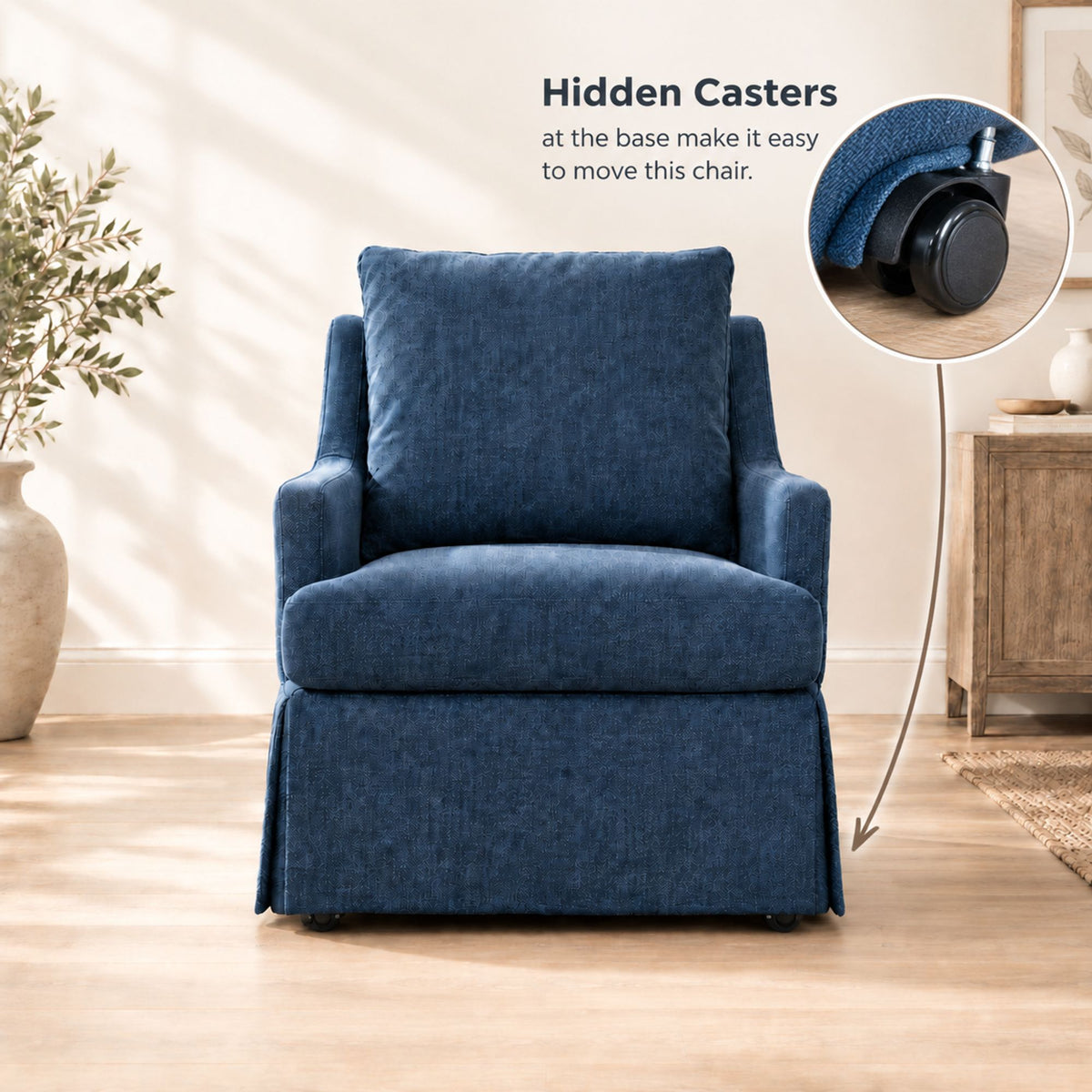 Upholstered Dining Chairs Set of 1, Modern Kitchen Chair Dining Room Chair with 4 Casters, Linen Armchair for Bedroom Reading Room Living Room, Navy