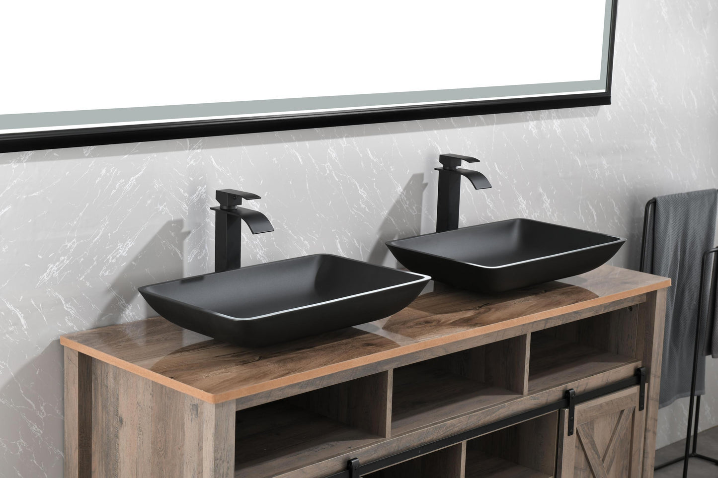 14.38' L -22.25' W -4-3/8 in. H Matte Shell Glass Rectangular Vessel Bathroom Sink in Black with Faucet and Pop-Up Drain in Matte Black
