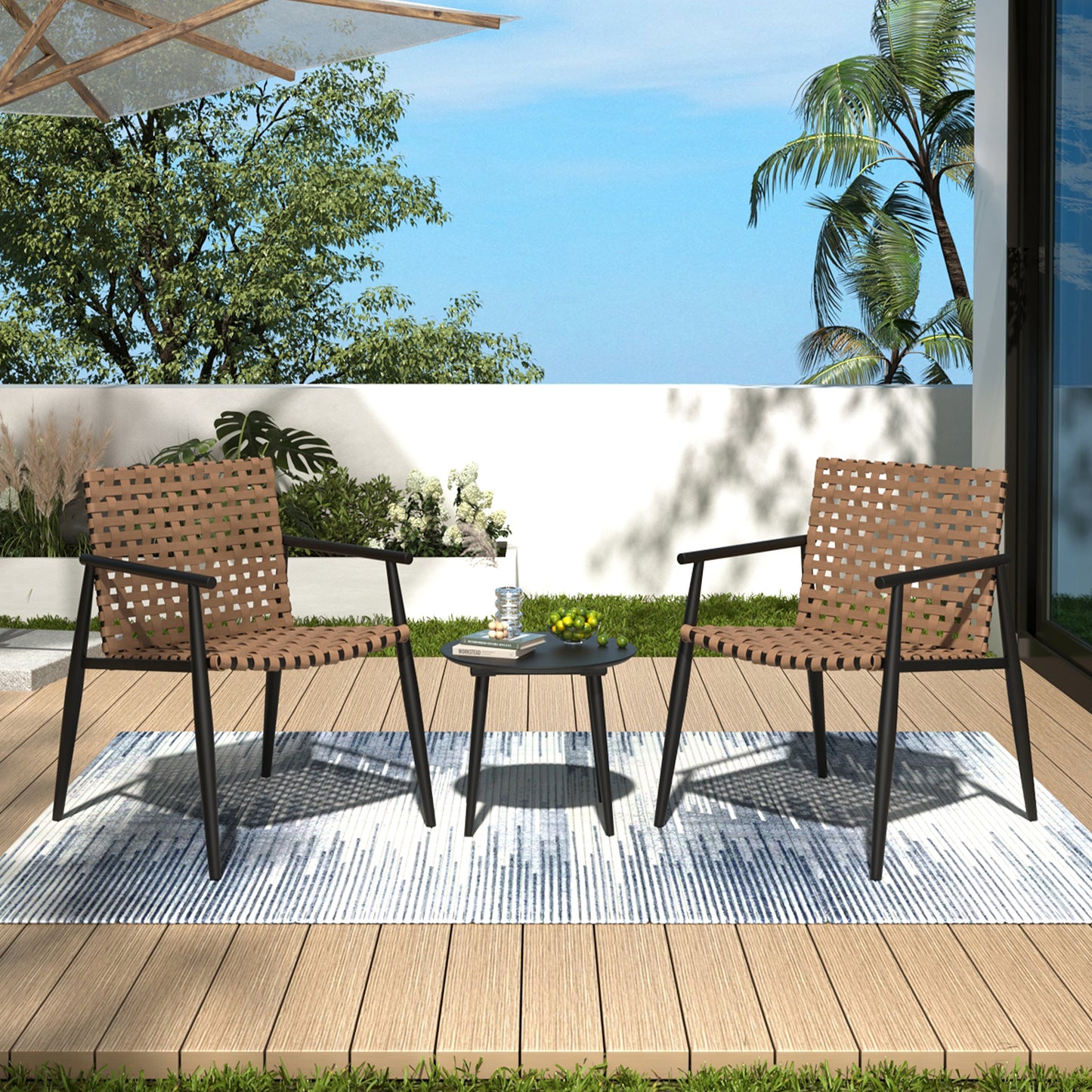 Modern Outdoor Chat Set: 2 PE Rattan Chairs + Black Steel & Tempered Glass Side Table – Durable & Stylish