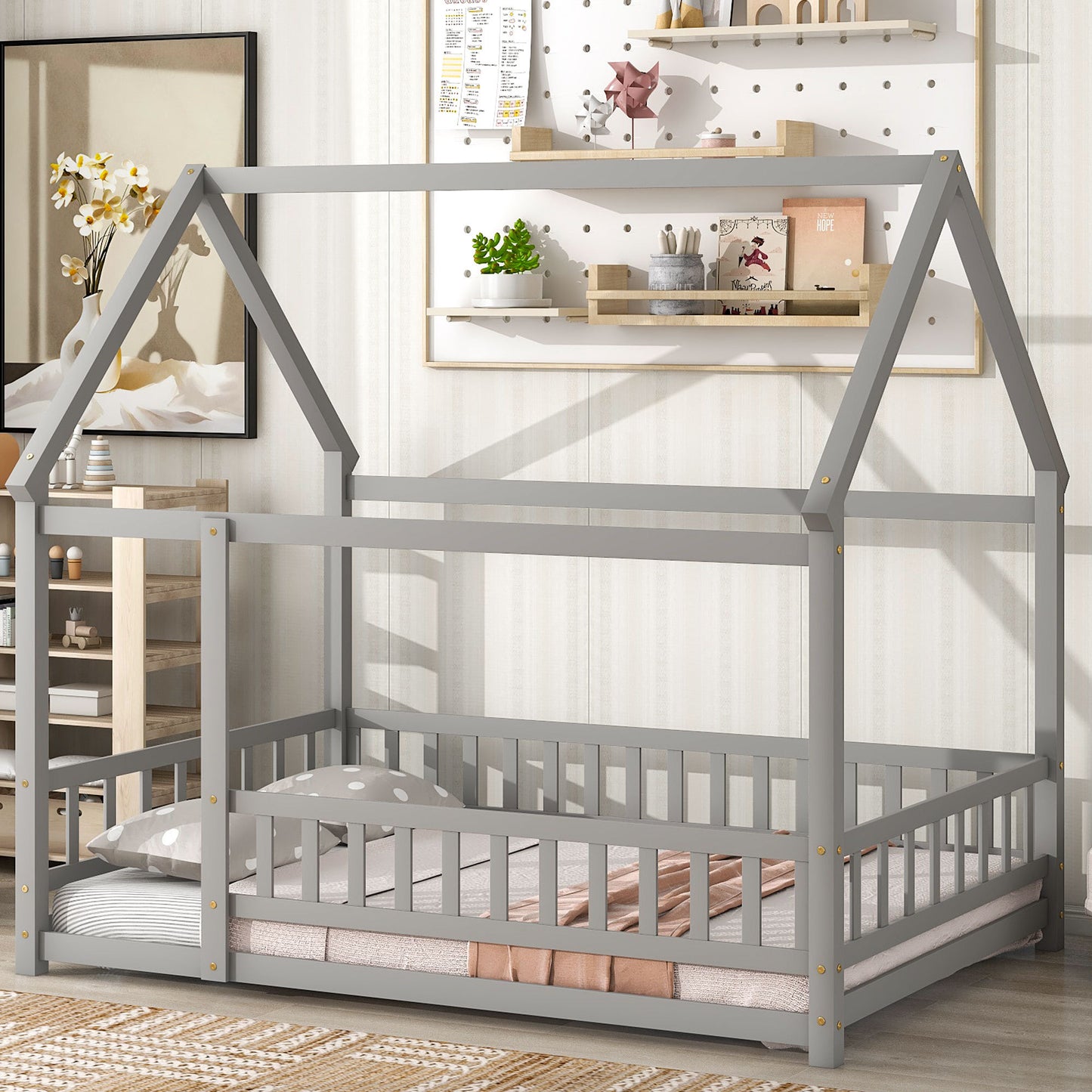 Full Size Floor Wooden Bed with House Roof Frame, Fence Guardrails ,Grey(Old SKU:W50471474)