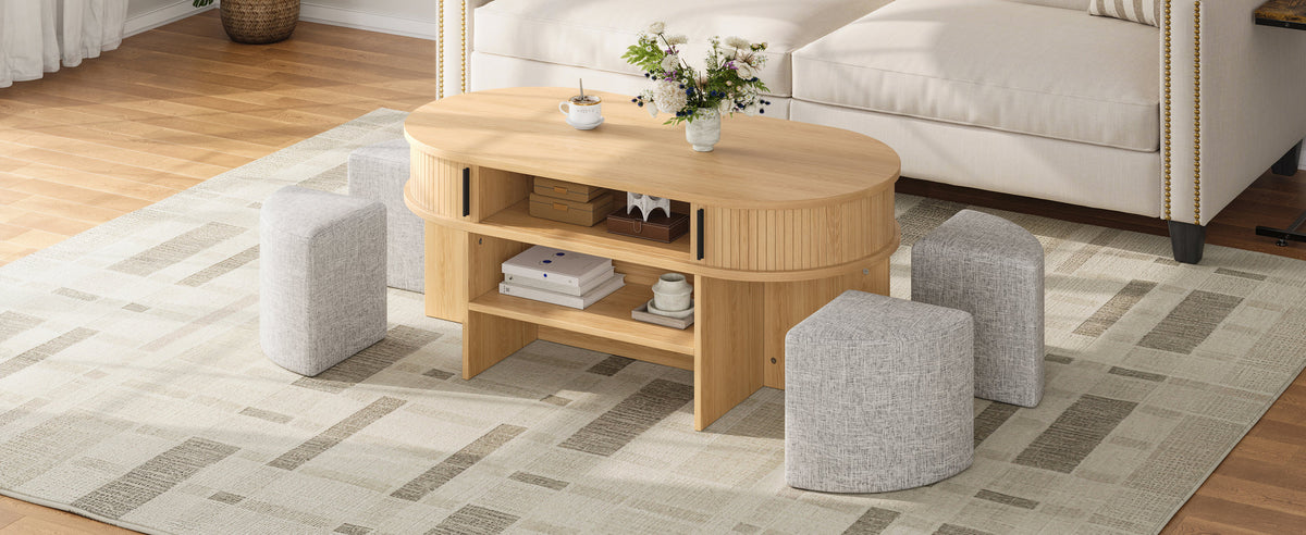 U-Can Multi-Functional Oval Coffee Table with Storage & 4 Fabric Stools
