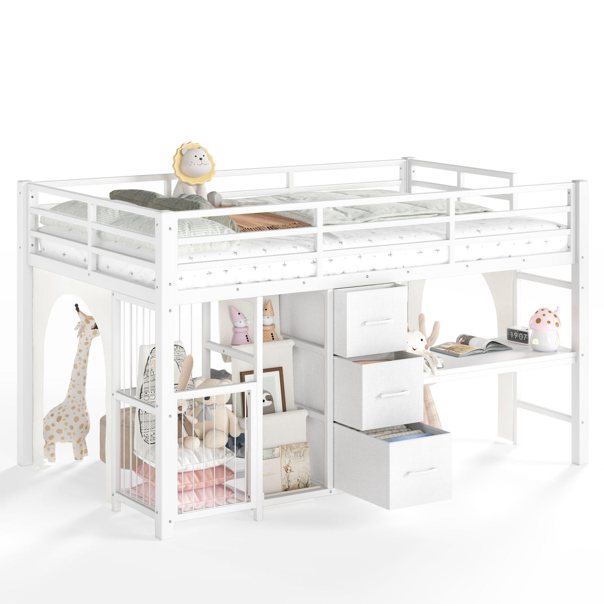 Twin Metal Low Loft Bed for Kids, Low Loft Bed with Storage Drawer, Low Loft Bed with Bookshelf & Built-in Desk, Sturdy Low Loft Bed Frame, Multi-Function Low Loft Bed for Kids.White