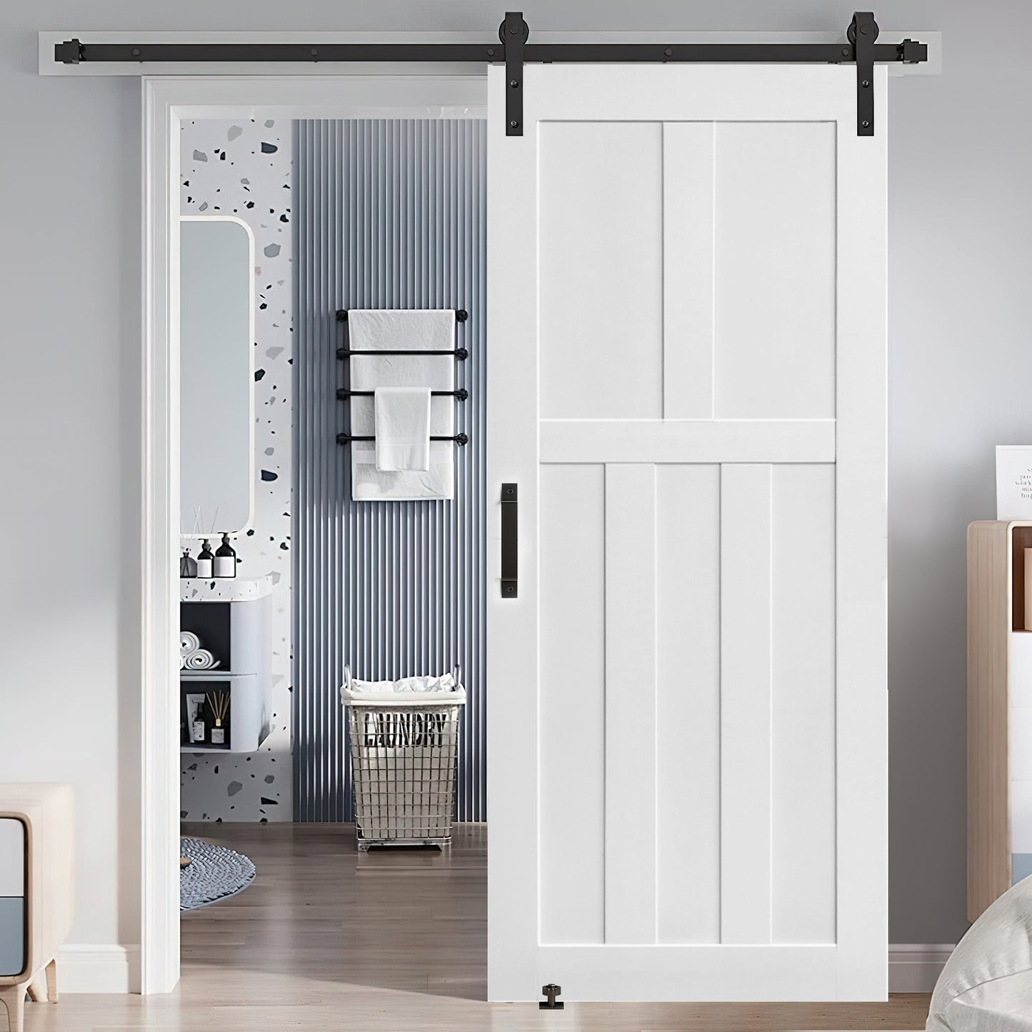 CRAZY ELF 28' x 84' Five Panel Real Primed Door Slab + 6.6FT Barn Door Sliding Hardware + Adjustable Floor Guider + Pull Handle, DIY Unfinished Paneled Door, Modern Interior Barn Door, Moisture-proof