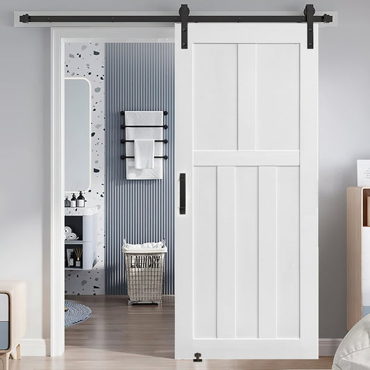 CRAZY ELF 28' x 84' Five Panel Real Primed Door Slab + 6.6FT Barn Door Sliding Hardware + Adjustable Floor Guider + Pull Handle, DIY Unfinished Paneled Door, Modern Interior Barn Door, Moisture-proof