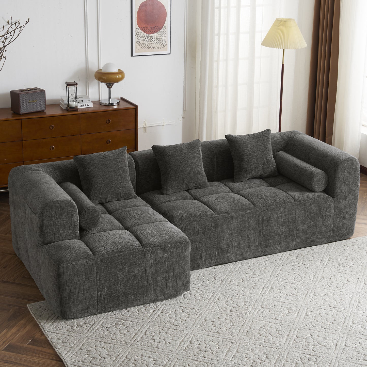 101.2' Sectional Sofa Full-Compressed Sofa Modular Sofa Couch Free-combined Sofa with Deep Seating and Two Side Pockets for Living Room, Grey