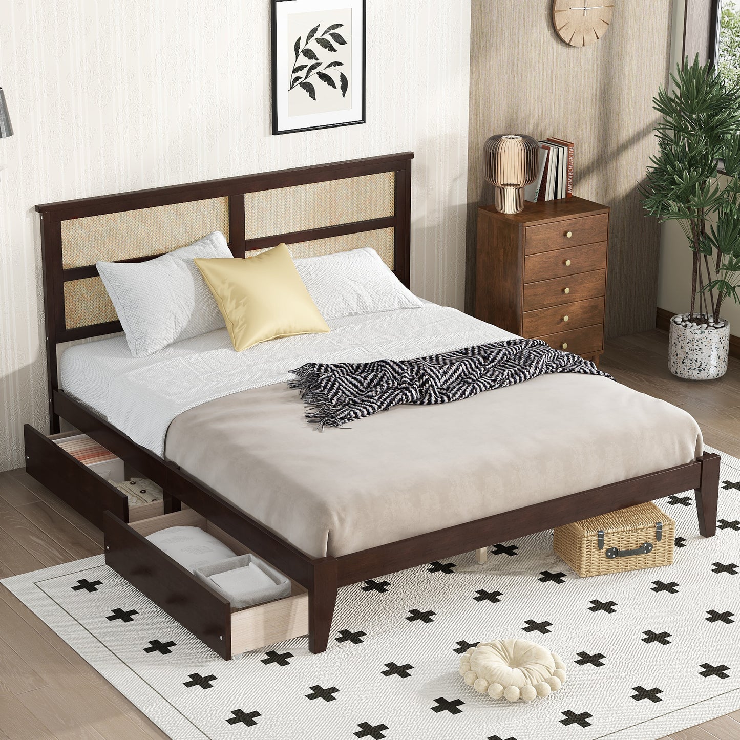 King Size Bed with Rattan Headboard, Two Storage Drawers, Rubber Wood Bed with Enhanced Support Slats and Feet,Espresso