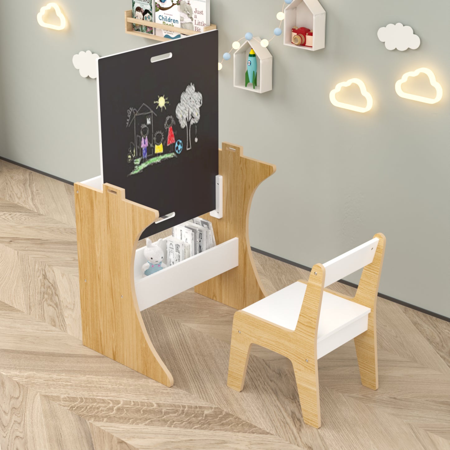 Kids Table Set with One Chair, Multifunctional Wooden Children Study Table-Convertible Tabletop for Study, Drawing & Play, Natural