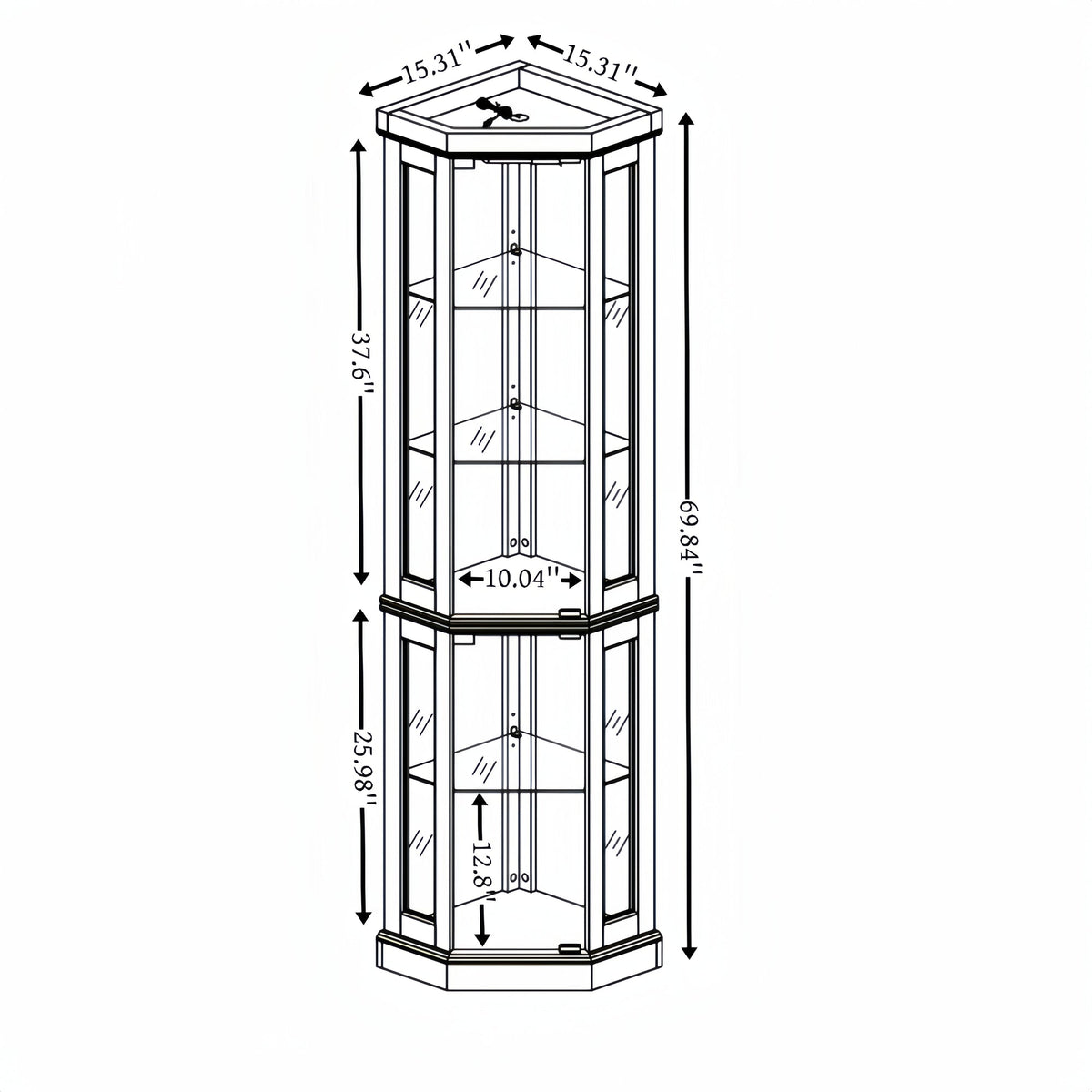 Corner Glass Cabinet Lighted Curio Cabinet Corner Display Case, Antique collection, Wine, Bar Glass Storage Light Included, Light oak
