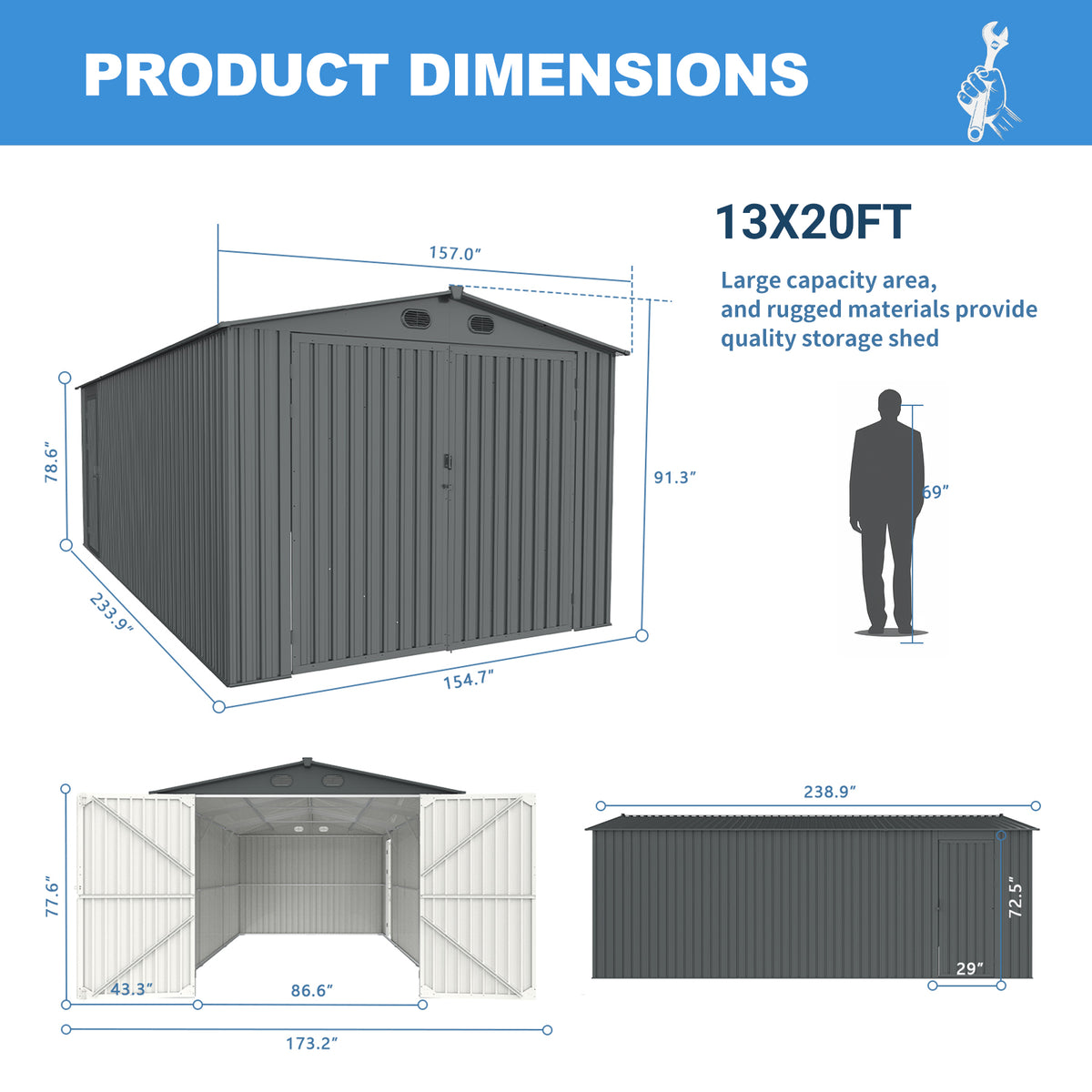Chery Industrial Heavy-Duty Metal Garage Shed 20'x13'