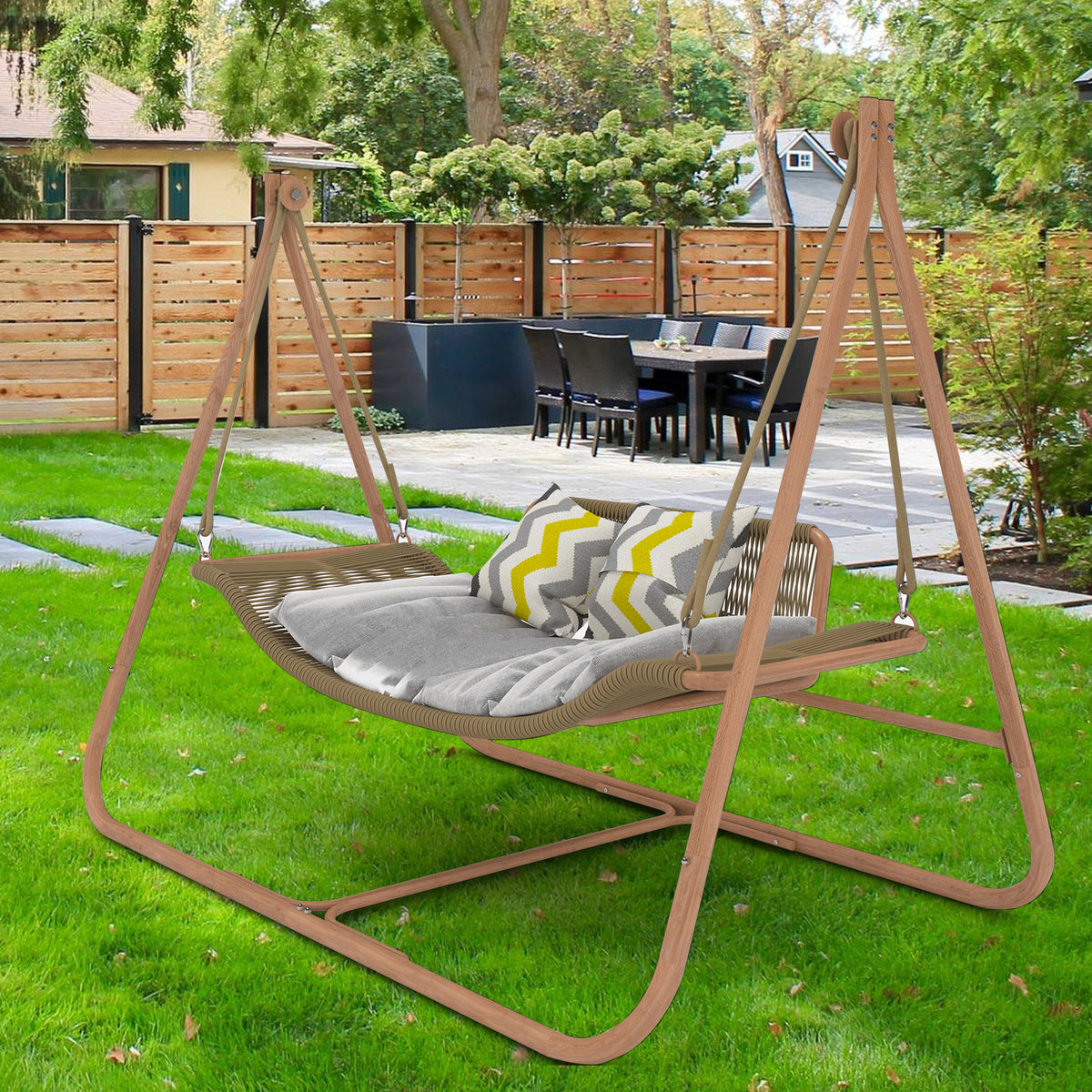 W2707P184379 Freestanding Double Egg Swing Chair with Stand, 570LBS Hammock Loveseat, Anti-Rust Wood Grain Alloy Frame, Plush Cushion, All Weather Wicker Lounge for Indoor Outdoor Patio Balcony Garden