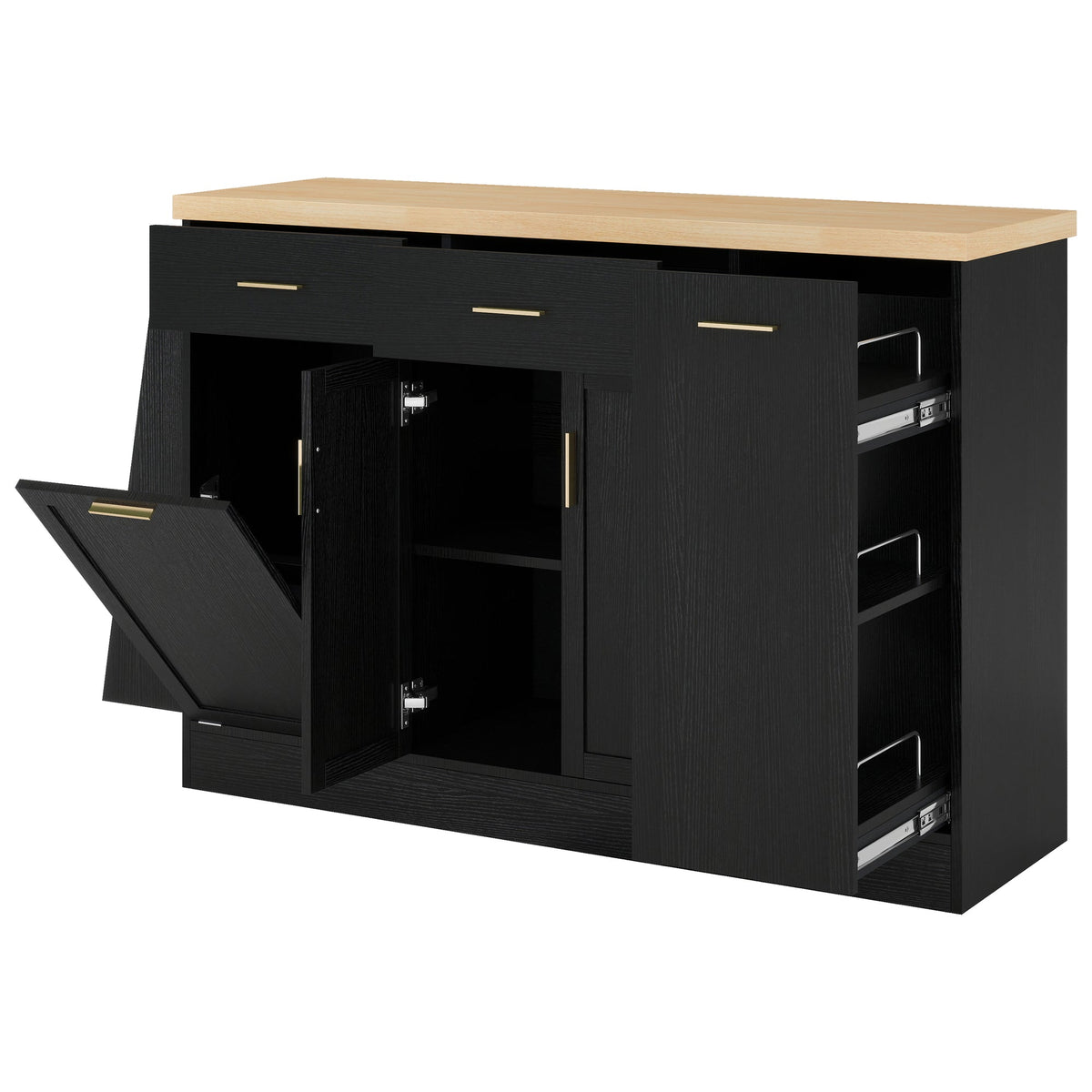 TREXM Multi-Functional Black Kitchen Sideboard with Sliding Door Cabinet, 3-Tier Spice Rack, and Hidden Trash Storage - MDF & Particle Board, 58' L