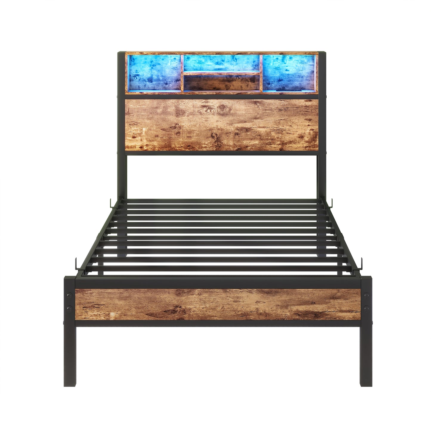 Modern Twin Size Metal Platform Bed Frame with Storage Headboard and Charging Station, Brown