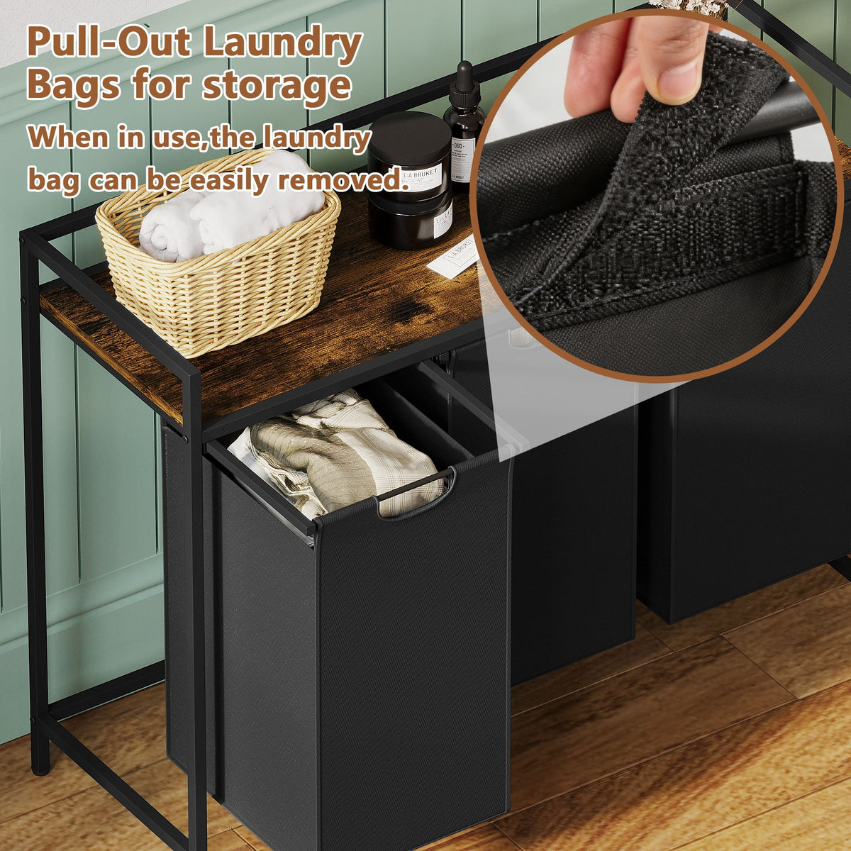 Laundry Hamper with Shelf, 3-Bin Laundry Sorter with Wood Top, Double Hamper with Removable Fabric Bags, Metal Frame, Freestanding Clothes Organizer for Bedroom, Bathroom, or Laundry Room
