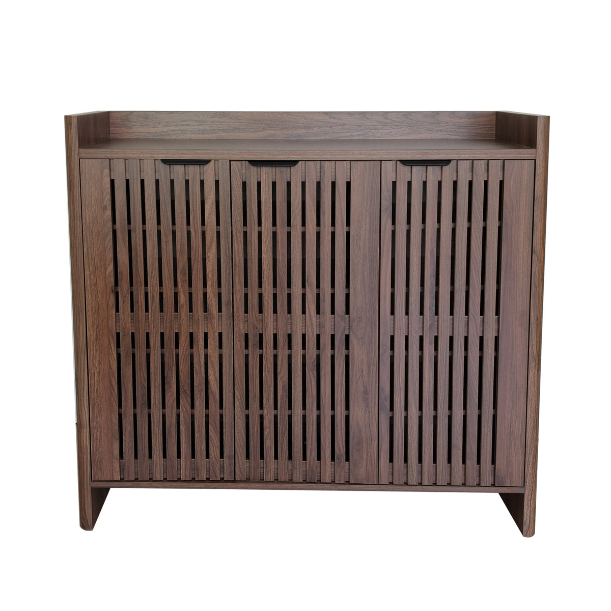 Walnut Entryway Shoe Storage Cabinet with Slatted Doors, Modern Wooden Hallway Console Table with Top Display Shelf, Mid-Century Accent Chest for Foyer, Living Room, and Mudroom Organization