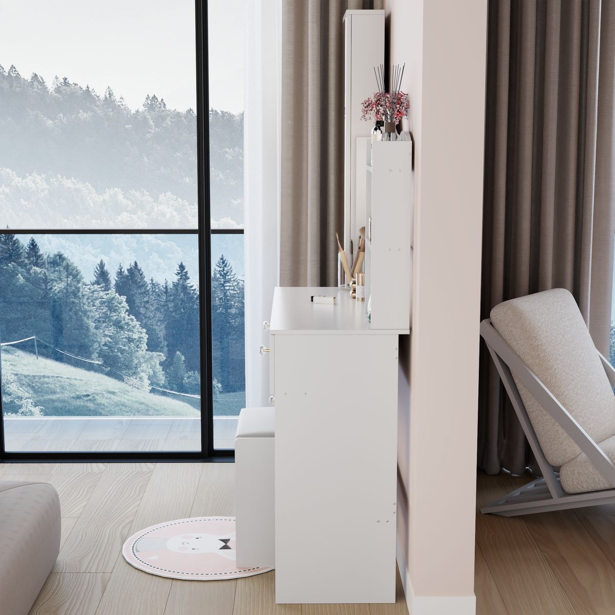Full Body Mirror Cabinet + Round Mirror LED Vanity Table + Cushioned Stool, 17" diameter LED Mirror, Touch Control, 3-color