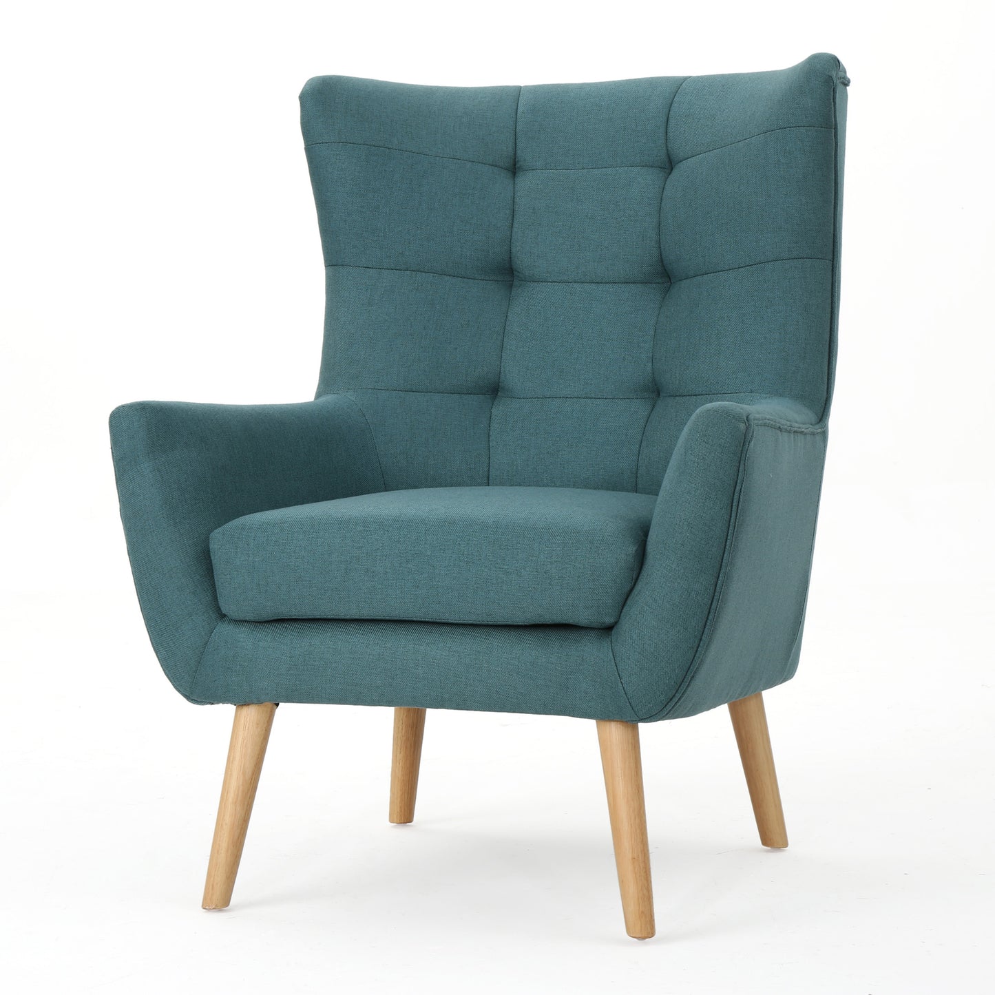 Mid Century Modern Club Chair with Tufted Back and Rubberwood Legs in Teal Fabric