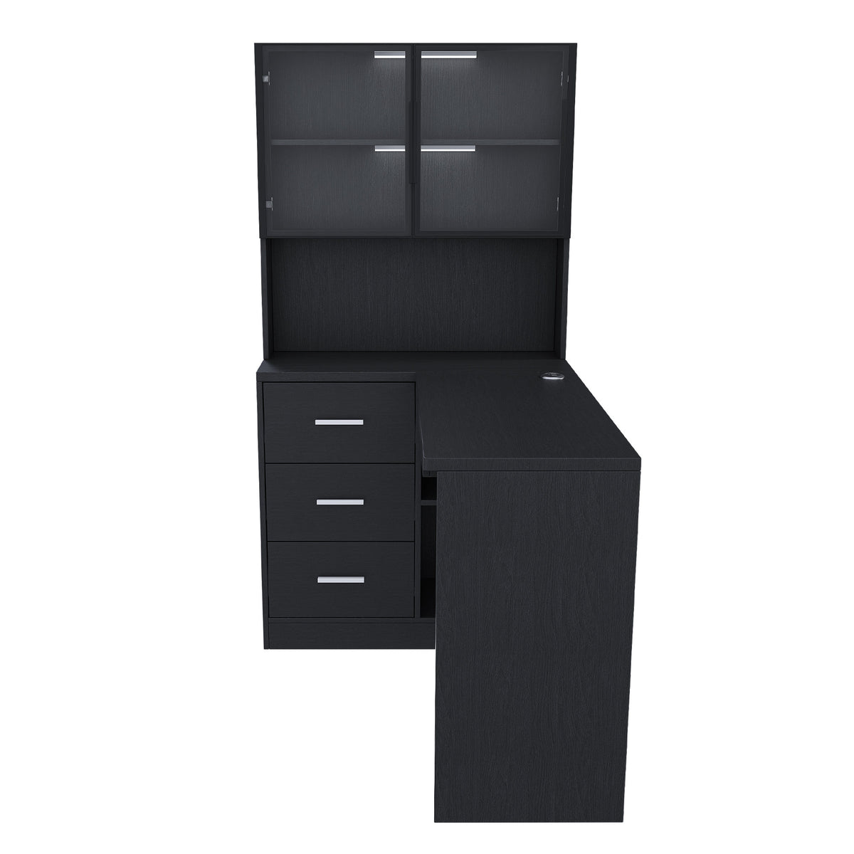 Black L-Shaped Computer Desk with Glass Cabinets, Built-In LED Lights, USB Charging Ports