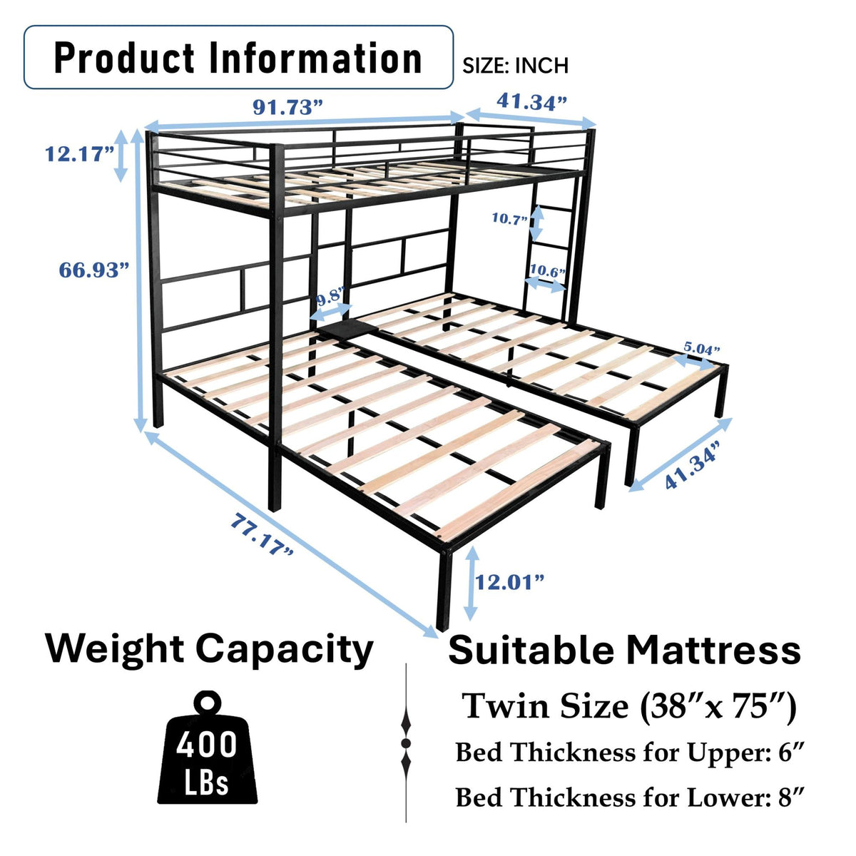 Triple Bunk Bed/ Sturdy Metal Frame/ Anti Noise/ Squeak Free/ Wooden Slats/ No Box Spring Needed