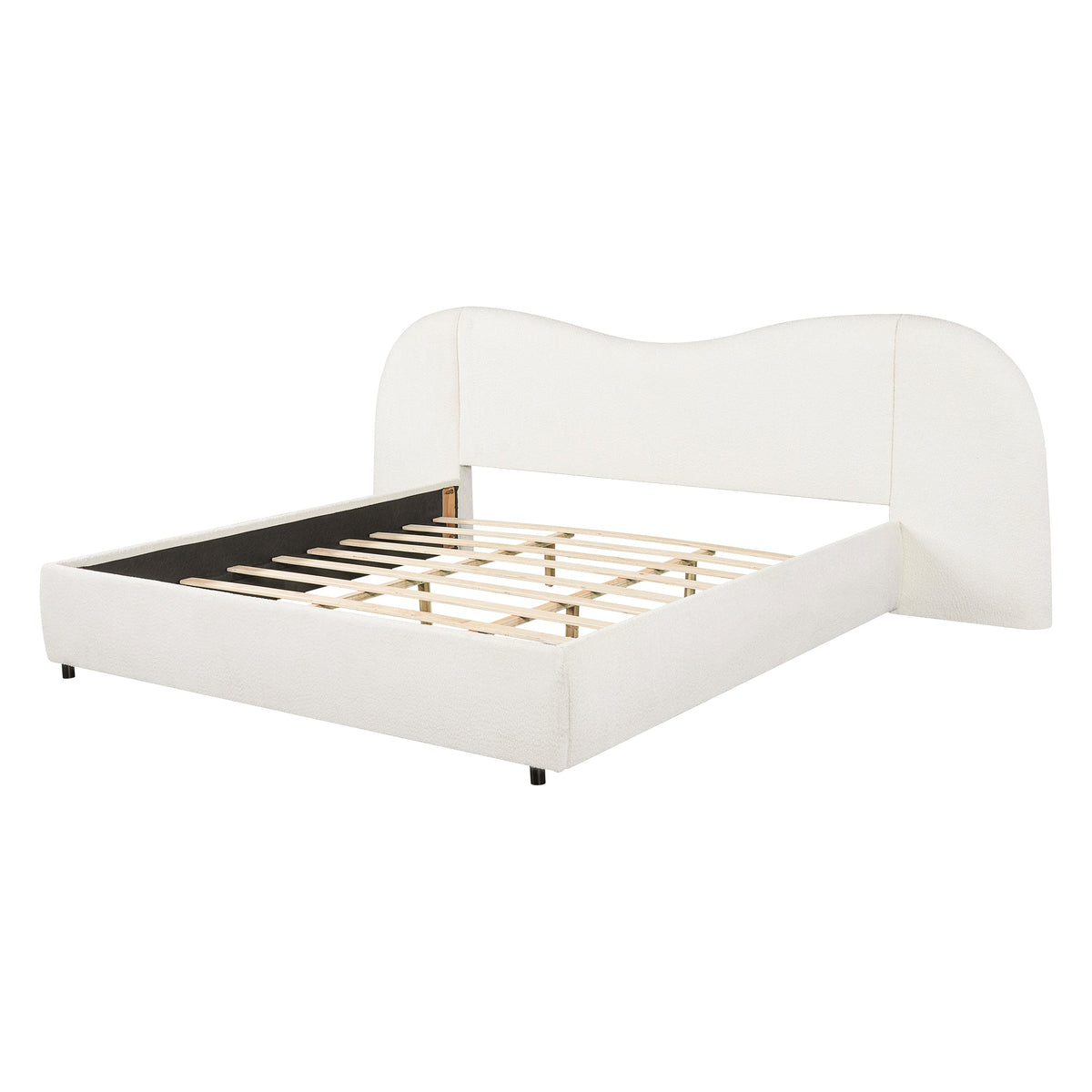 King Size Upholstered Bed Frame With Boucle Fabric Curved And Wide Headboard, Off White