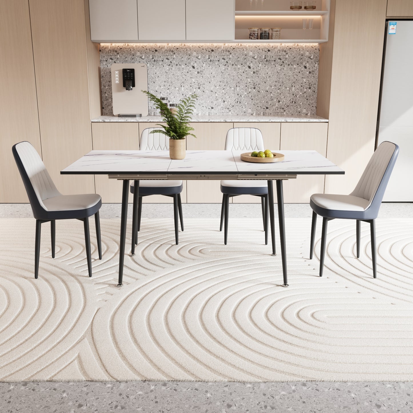 47'-63' expandable dining table set for 2-6 people, equipped with PU fabric thick cushioned dining chair and an elegant and spacious dining table , kitchen table and chair set, with black metal legs