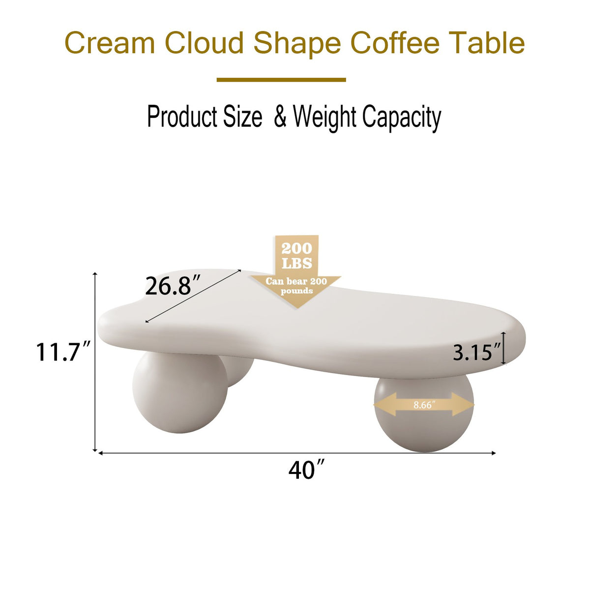 40 Inch Cloud Shaped Coffee Table with 3 Ball Legs, Cream White