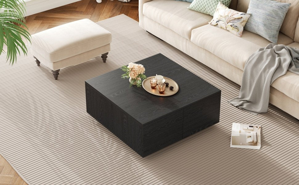 33.25" Square Coffee Table with 4 Drawers, Black