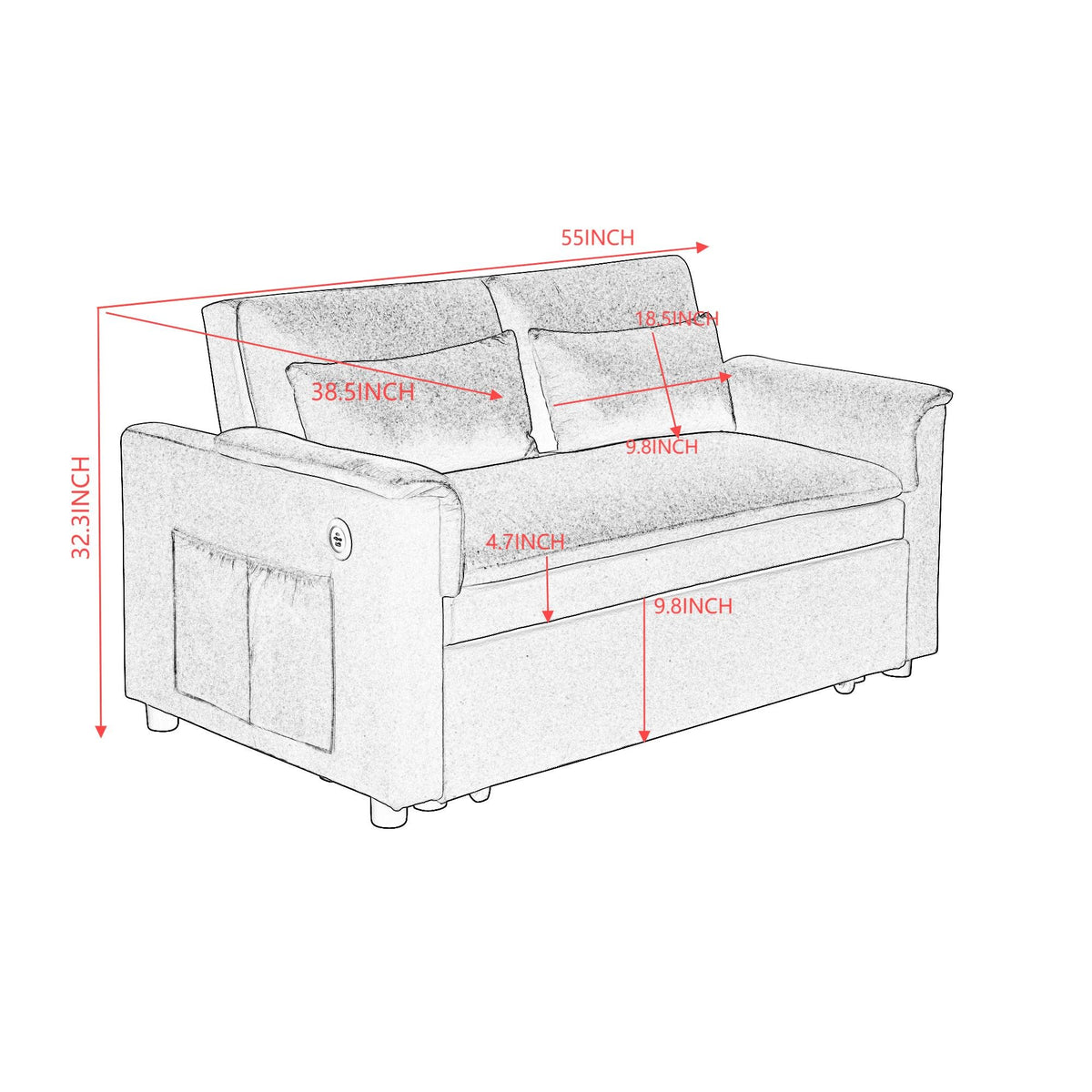 55" Velvet Two Seater Pull Out Sofa Bed, Adjustable Backrest With USB Ports, Two Side Pockets, 3 in 1 Convertible Sleeper Sofa Bed