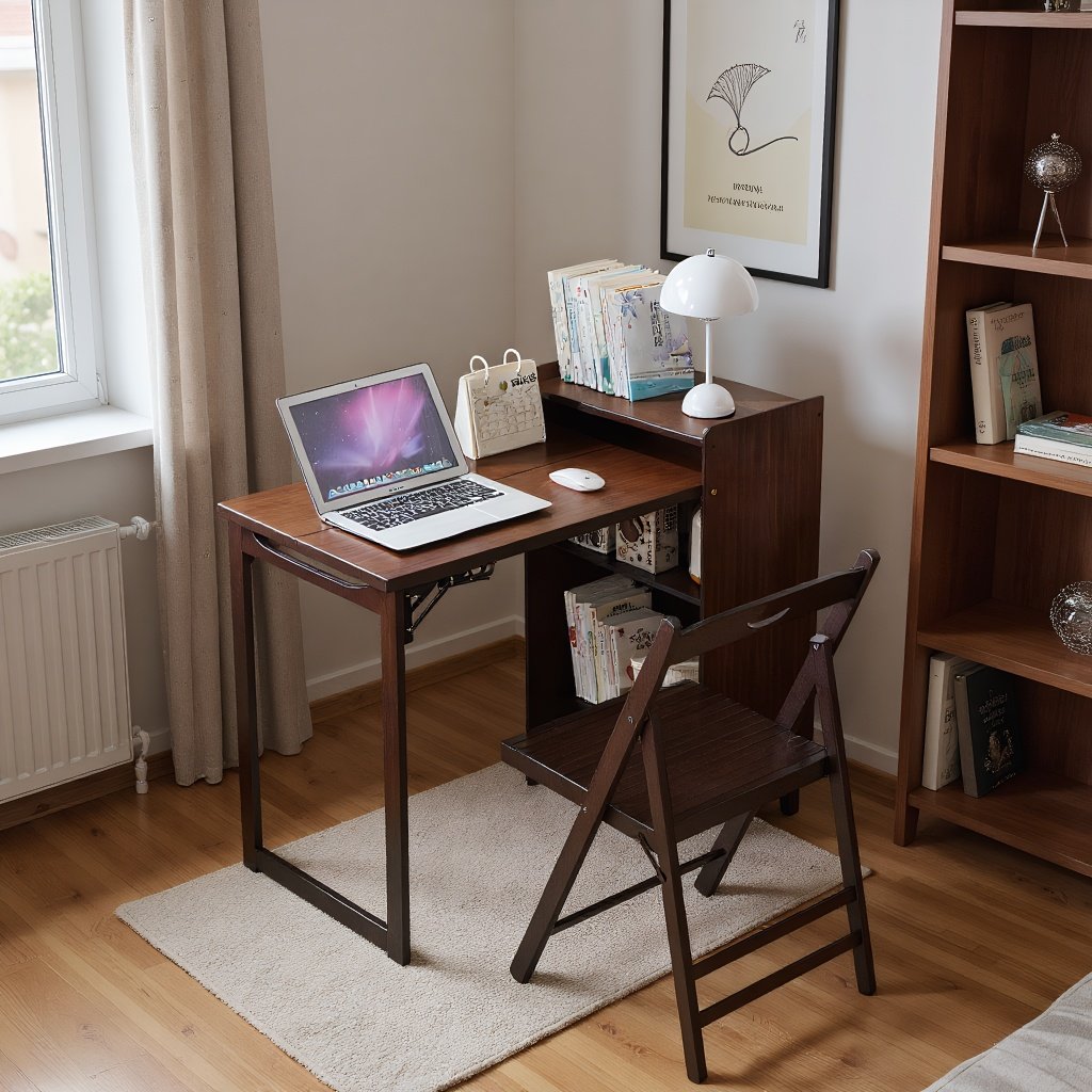 Bamboo Folding Desk, Foldable Desk, Computer Desk with Hidden Storage, Mid Century Foldable Table - Walnut Brown