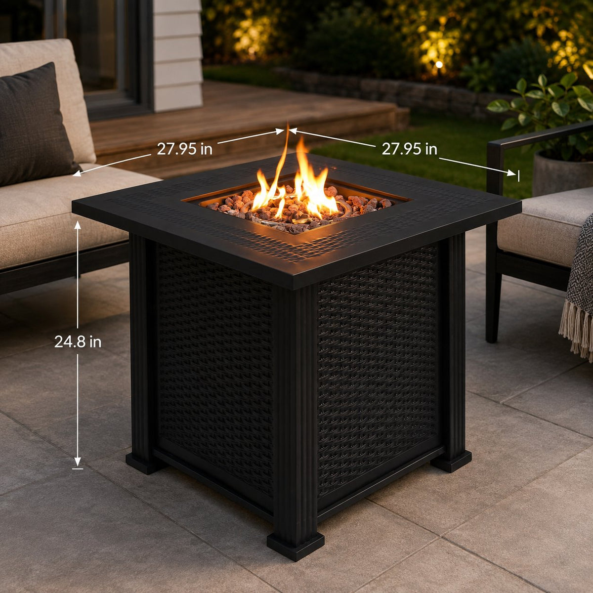 27.95" Modern Outdoor Fire Pit Table with Lava Rocks, Propane Fire Pit, Black Steel