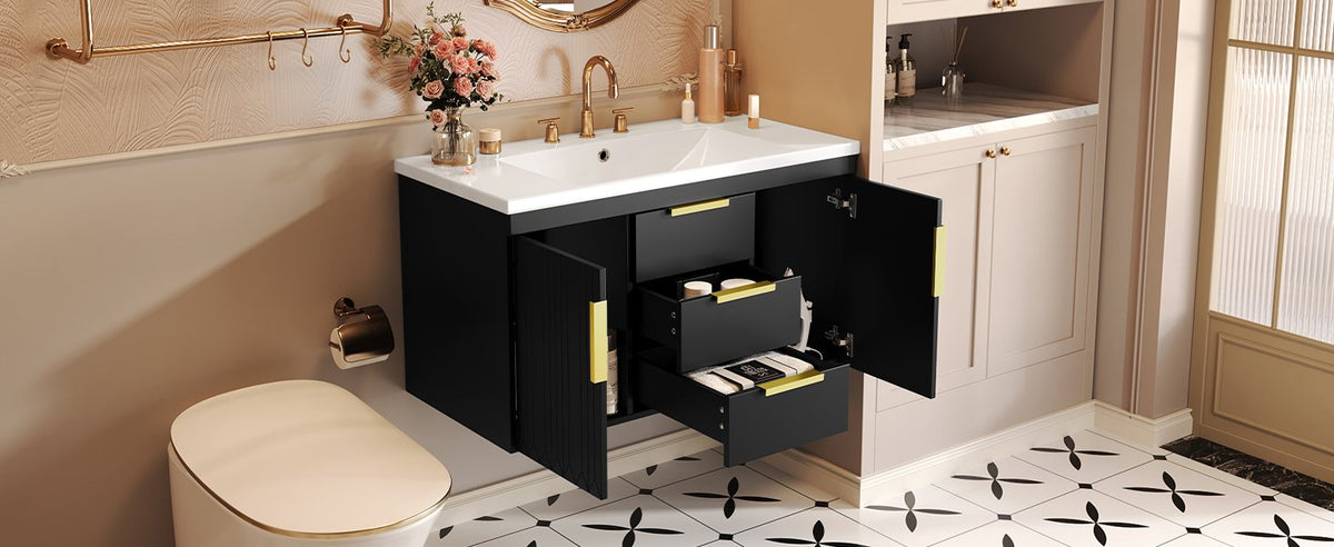 36'' Wall Mounted Bathroom Vanity with Resin Sink, Floating Bathroom Storage Cabinet with 2 Drawers, Solid Wood Bathroom Cabinet