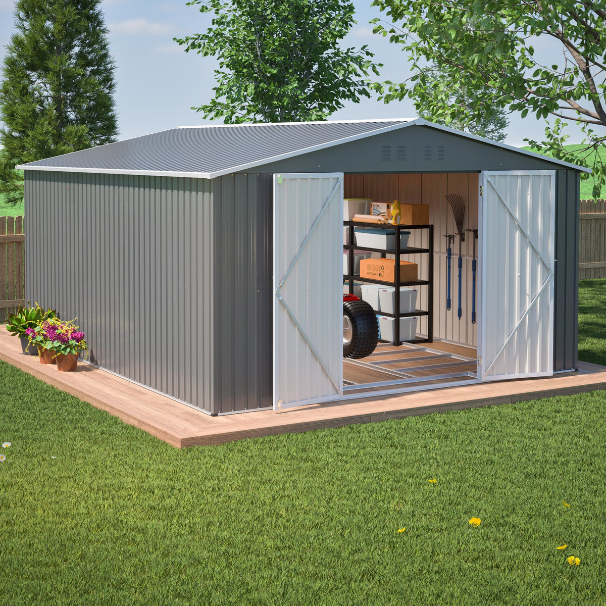 11x13 FT Metal Storage Shed with Reinforced Floor Frame Large 140.5 ft² Outdoor Garden Tool House Lockable Doors & 4 Air Vents Weatherproof