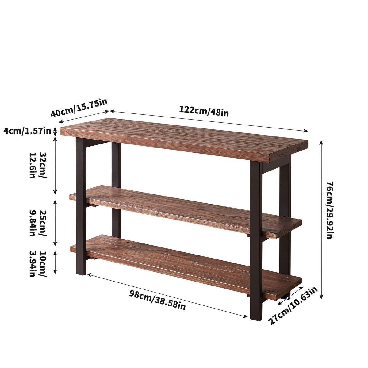100% All‑Solid‑Wood Farmhouse Rustic Console Table, 3‑Tier Multi‑Layer Open Storage Sofa Table, Sturdy Heavy‑Duty Wood Build