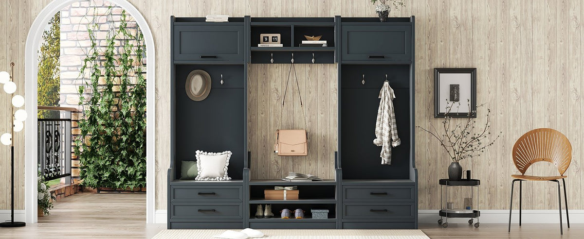 4-in-1 Detachable Hall Tree with Storage and 7 Hooks, Multiple Functions Hallway Coat Rack with Storage Drawers and Cabinet