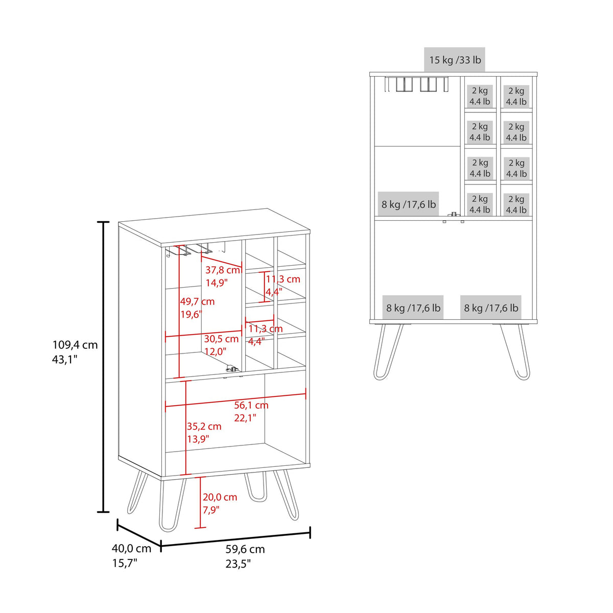 Bar Cabinet 43.1" H, with 2 Doors, 9 Shelves, and 1 Glass Panel, White Washed Oak