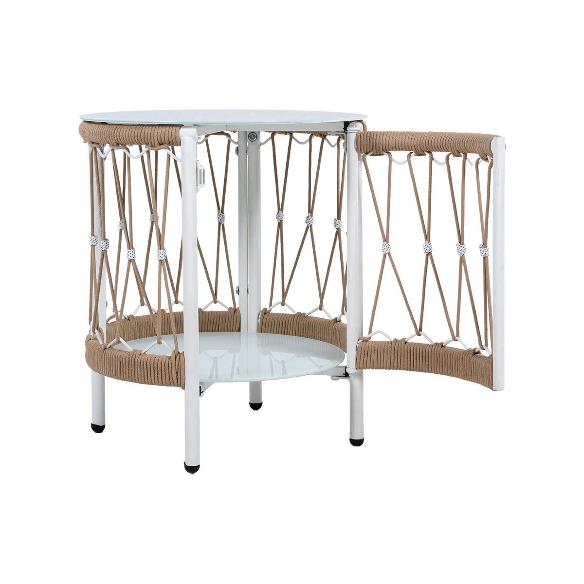 17.32" Bohemian Garden Accent Outdoor Side Table - Handwoven Rope with Powder-Coated Steel Frame, Glass Top