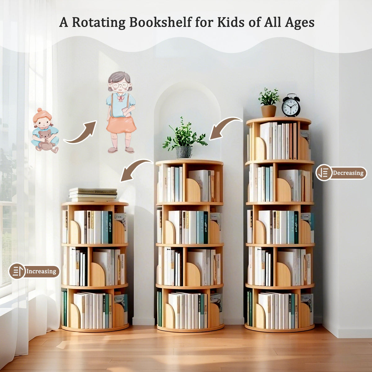 5 Tier Rotating Bookshelf, 360° Display Round Spinning Bookshelf, Space-Saving, Small Space Rotating Bookshelf Tower, Wood Color