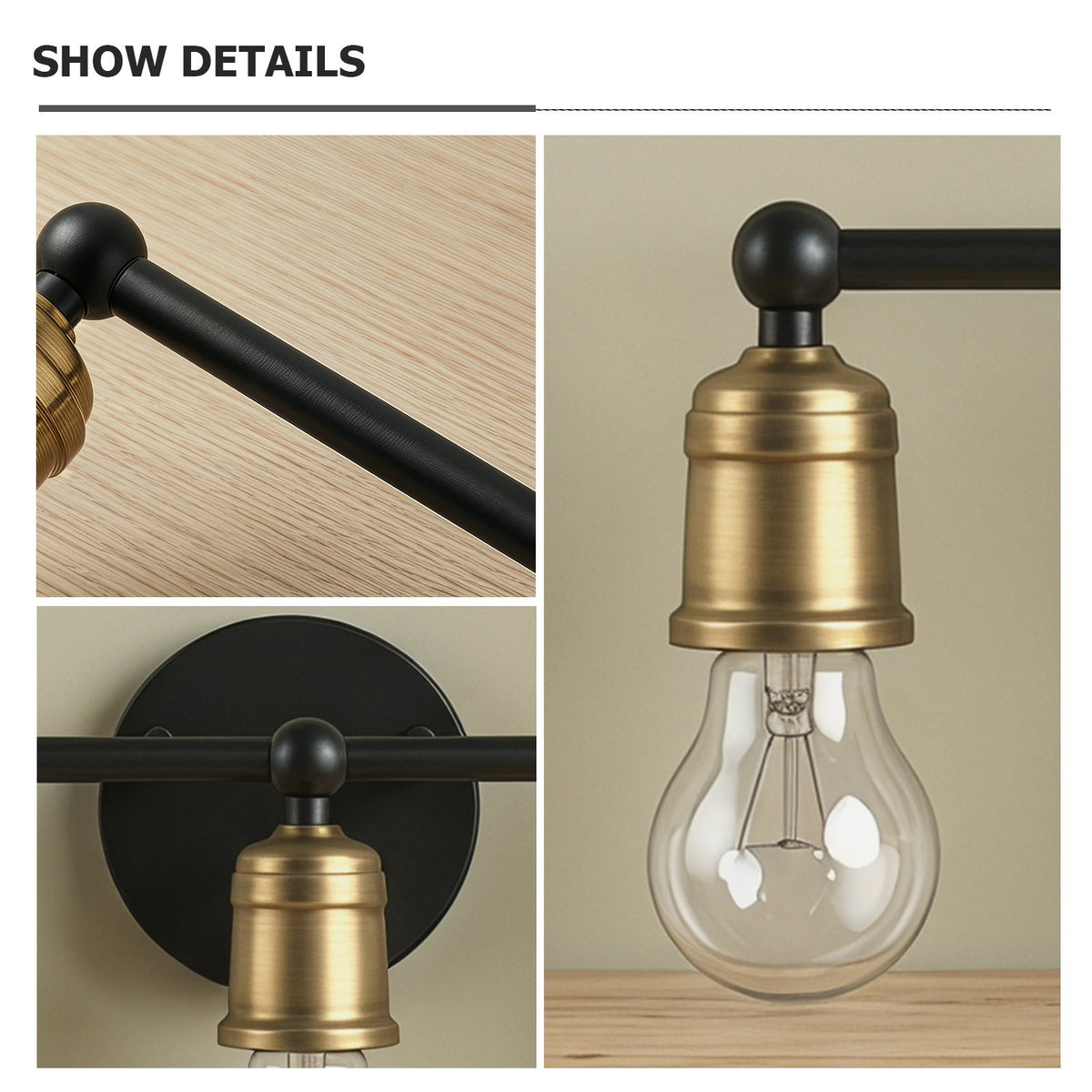 3-Light Black and Gold Industrial Farmhouse Wall Sconce, Metal Vanity Light for Bathroom, Bedroom, Hallway, No Bulbs Included