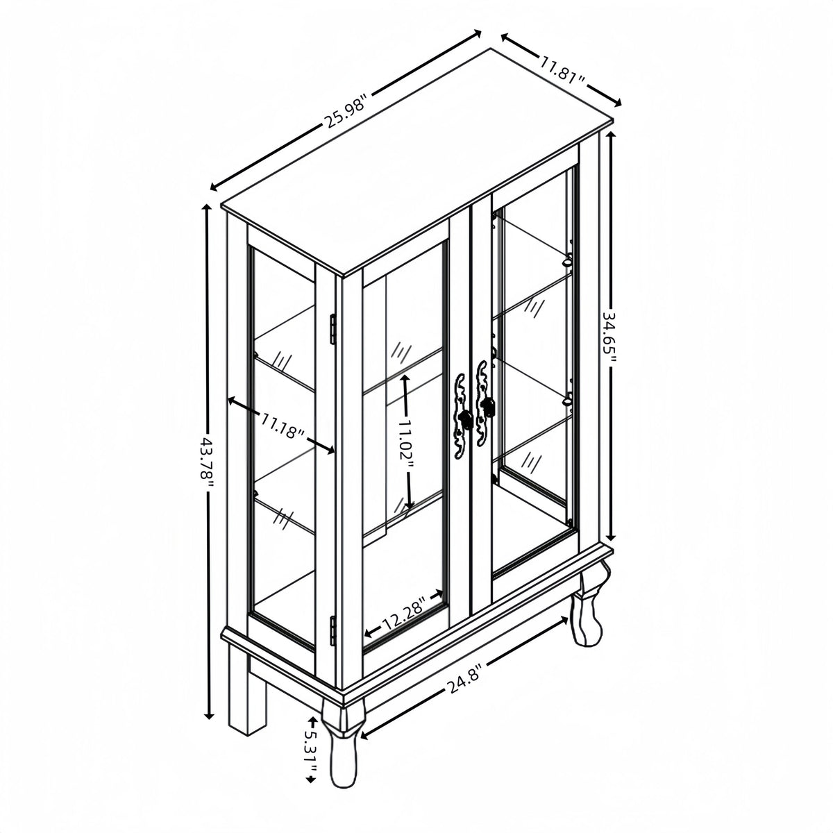 2 Doors Curio Cabinet with Tempered Glass Doors, Curio Cabinets with Mirrored Back Panel and Adjustable Shelves, Lighted Display Cabinet