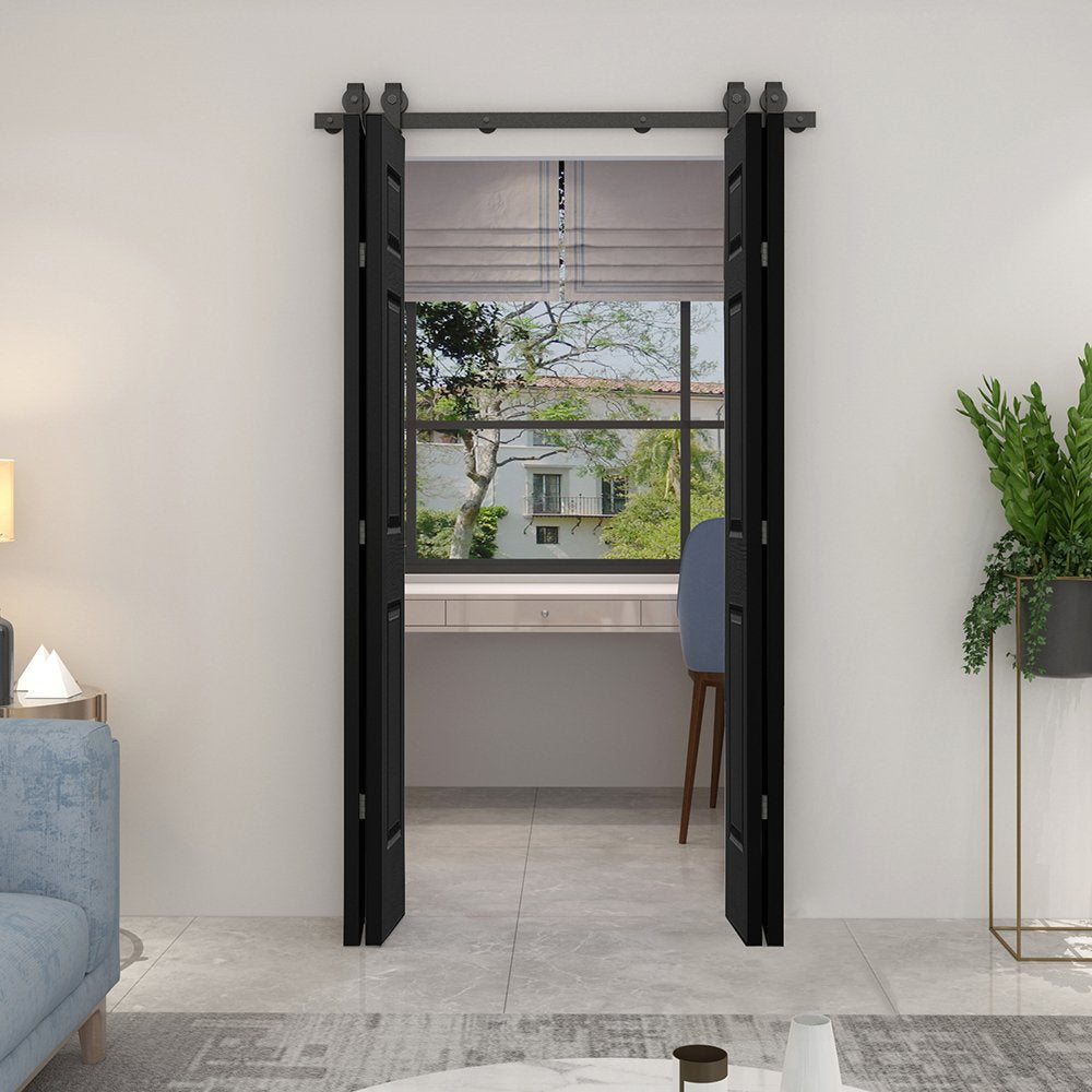 48 in. x 80 in. 6-Panel Black Painted MDF Composite Double Bi-Fold Barn Door with Sliding Hardware Kit