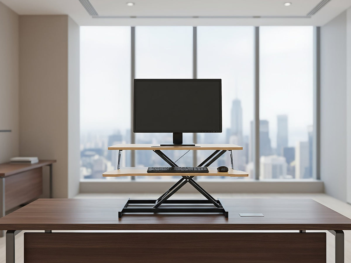 32 Inch Desk Converter, Height Adjustable Sit to Stand Riser, Dual Monitor and Laptop Workstation with Wide Keyboard Tray