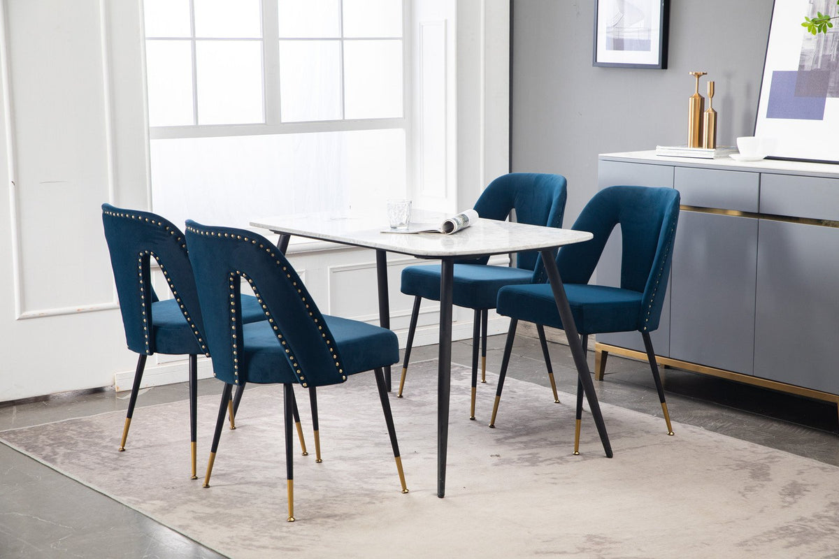 A&A Furniture, Akoya Collection Modern | Contemporary Velvet Upholstered Dining Chair with Nailheads and Gold Tipped Black Metal Legs, Blue