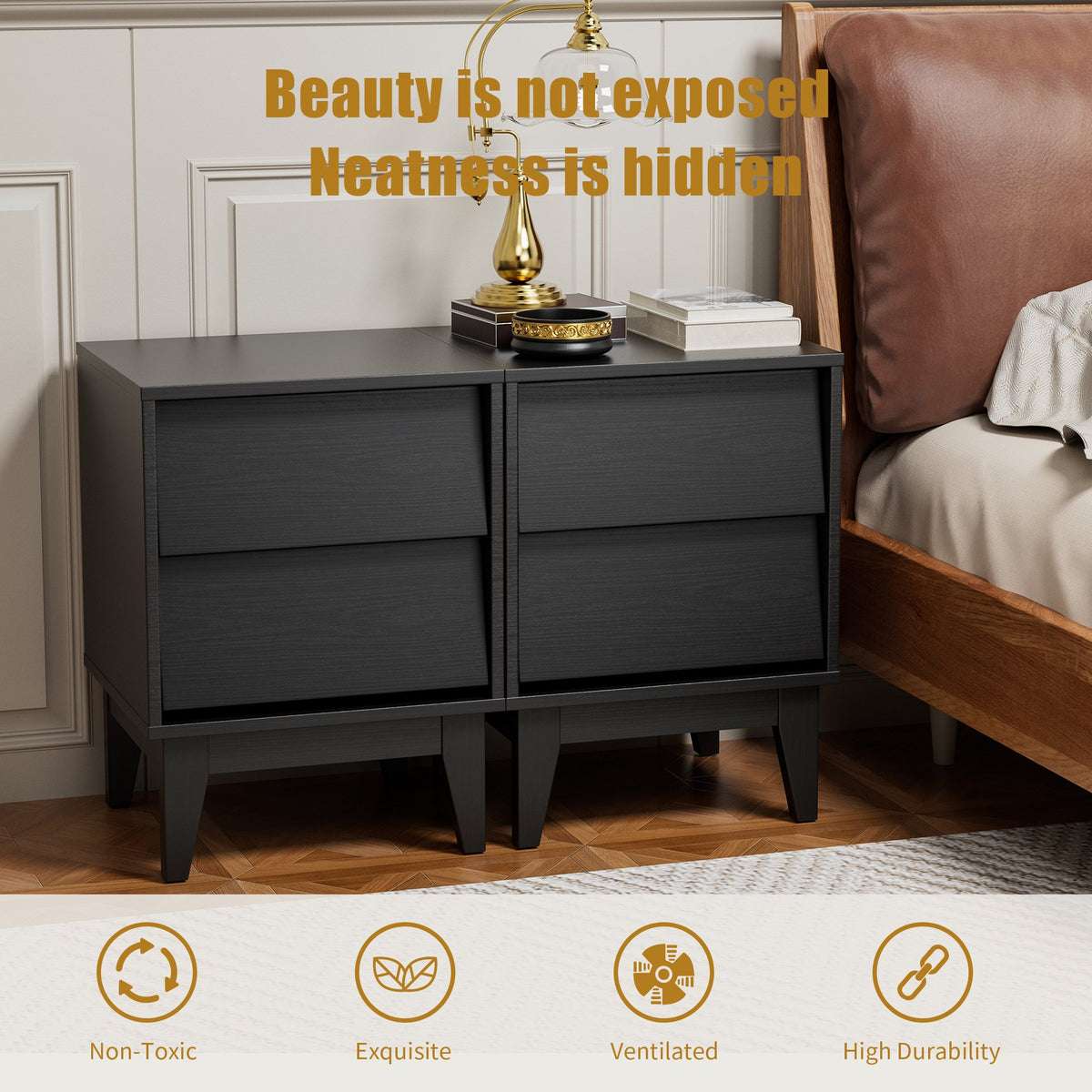 2 Set Nightstands Features Vintage-style and Bevel Design, Made of MDF, Mid Century Modern Nightstand, Night Stand – Black