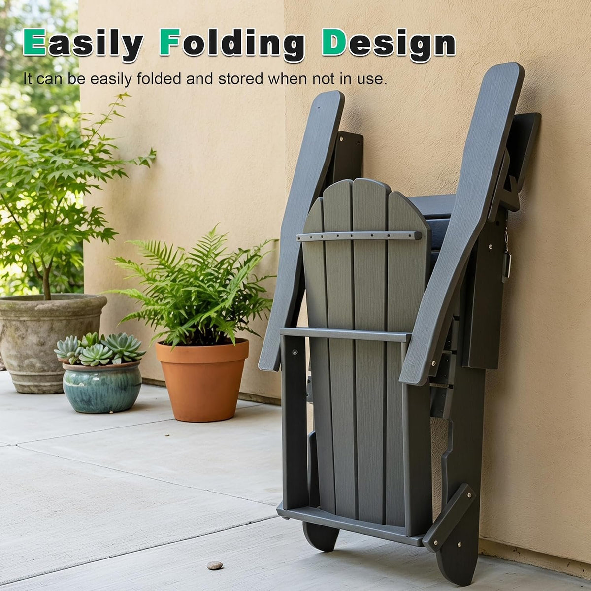 Adjustable HDPE Adirondack Chair, Grey, 3-Position Reclining ,Foldable, Cup & Phone Holders, All-Weather Outdoor